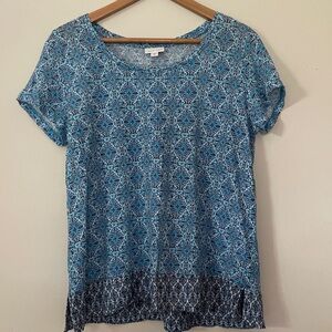 J Jill Love Linen Blue Geometric Top Size M Boho Coastal Beach Vacation